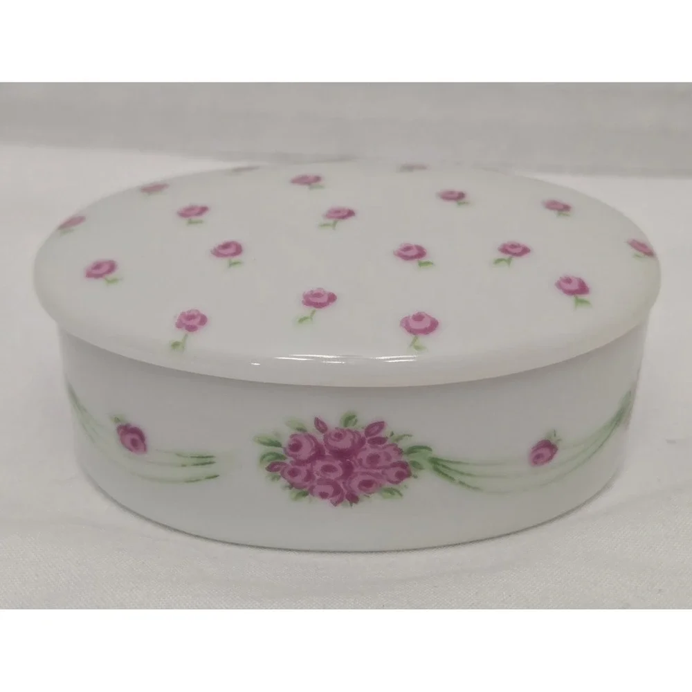 Vintage 1980 Enesco Petite Fleurs de Paris Oval Porcelain Trinket Box Pink Roses